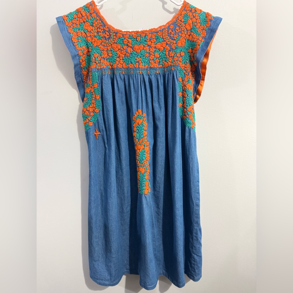 Mi Golondrina Blue Dress with Orange & Green Embroidery